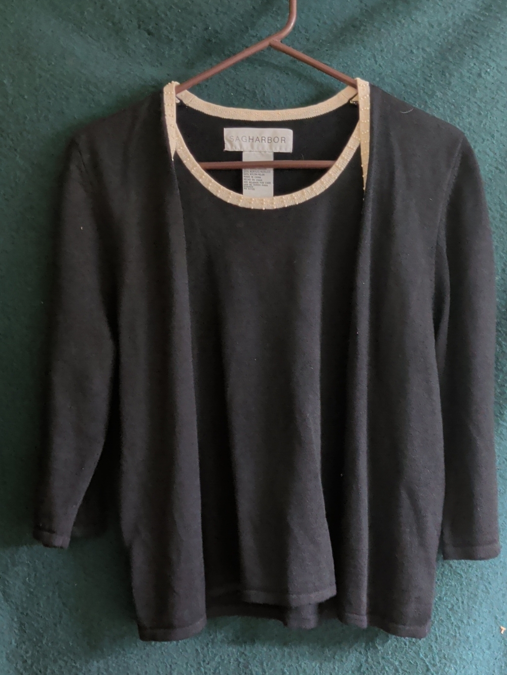 Sag Harbor Black Sweater with Cream Neck Trim - Women's Crewneck Pullover